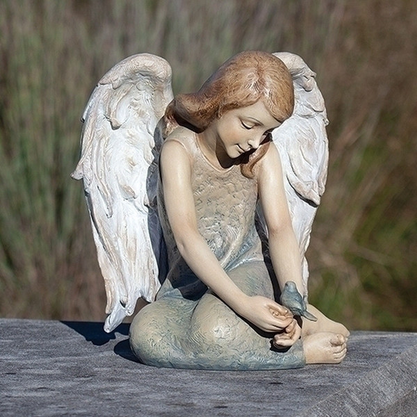 Angel with Blue Bird of Happiness Sculpture Repose Sitting Statue